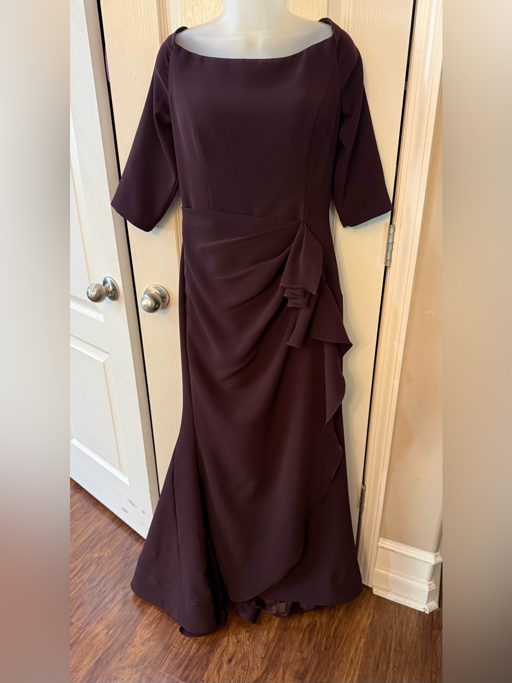 Jovani Strapless Plum Evening Gown with Side Ruffle